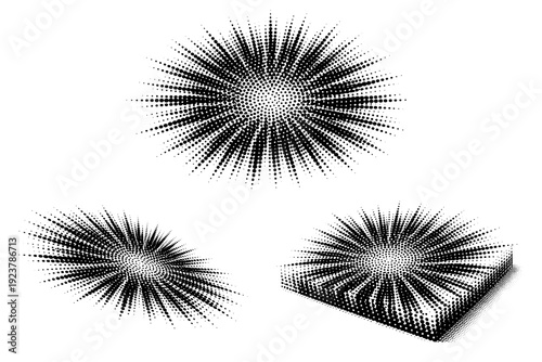 Radial burst halftone dot background texture shown as a single object presented in three views: flat top view, angled view, and three-quarter perspective view.
