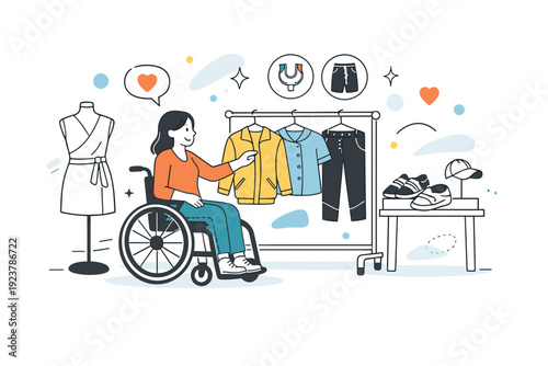 Accessible fashion showroom. A model in a wheelchair explores adaptive clothing options, subtle abstract shapes and floating dots
