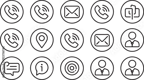 Collection of simple black outline icons representing communication and contact methods for business and personal use
