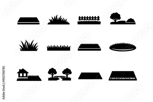 Lawn Grass. Solid icon set of lawn grass: trimmed lawn, garden grass, backyard lawn, park grass, even grass blades, clean cut grass, turf grass, residential