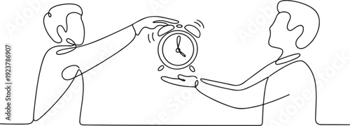Single one line drawing hand gives alarm clock to colleague. Submit difficult assignments so as not to miss deadline. Share tasks to keep business running. one line Icon drawing