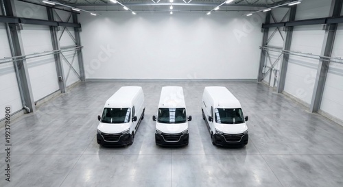 Three white electric delivery vans lined up in a bright, modern warehouse, ready for eco-friendly transport