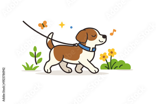 Spring dog walk a relaxed dog on a leash moving through light greenery, conveying balance, routine and peaceful springtime energy. A clean editorial-style