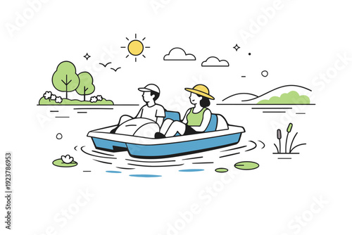 Springtime paddle boating. A calm lake scene with a paddle boat gliding on still water, gentle ripples and soft spring sunlight, relaxed leisure and seasonal