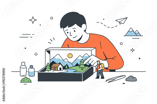 Miniature diorama creation. A creator arranging figures and scenery inside a small diorama box, adjusting details with care. Calm