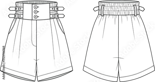 High waisted utility shorts with wide button waistband and side buckles fashion flat sketch vector illustration front and back view