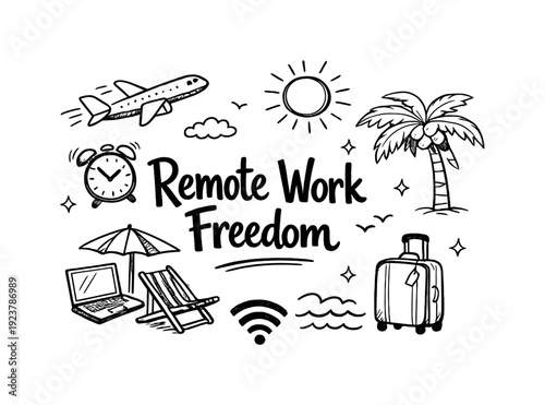 Remote Work Freedom. Hand-drawn doodle illustration of Remote Work Freedom. laptop, beach