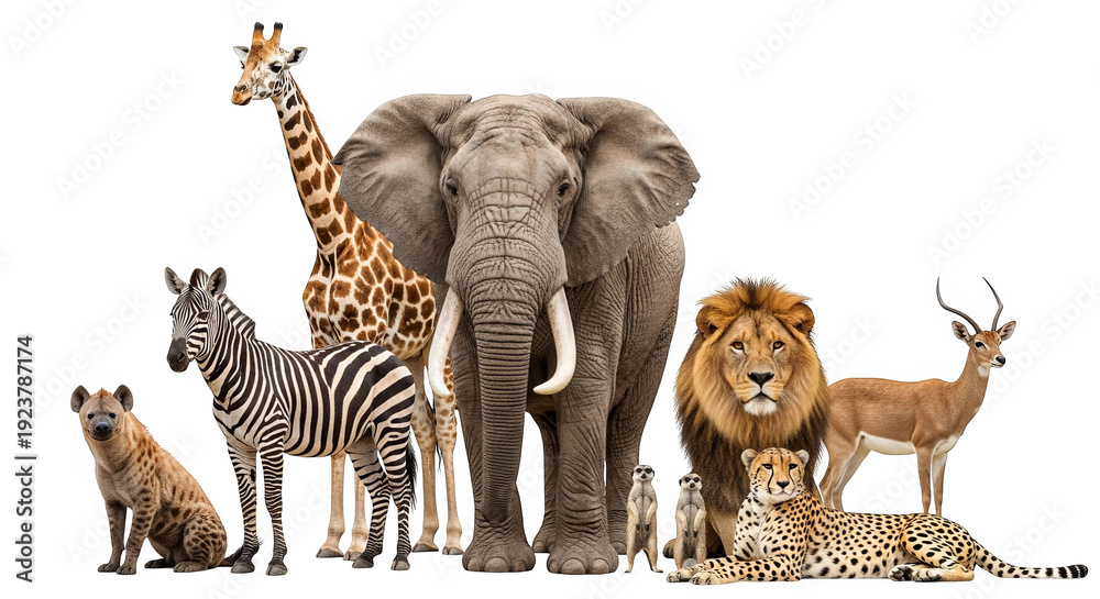 Obraz premium African Safari Animals Group Portrait Isolated On Black Background