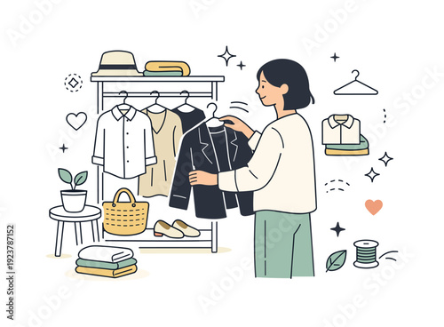 Woman choosing a jacket from a clothing rack with various garments and accessories