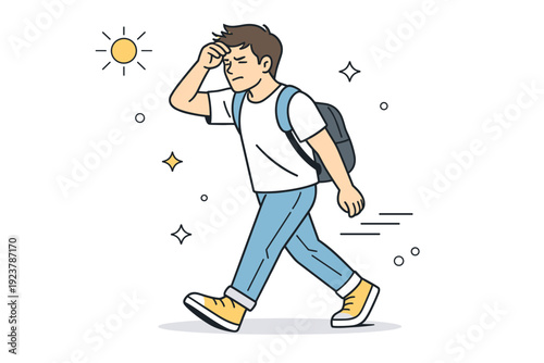 People squinting in bright light. Side view of a person walking while narrowing eyes against brightness. Transitional moment, light-filled space, natural body