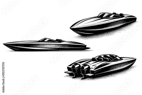 Boat isolated speedboat. A high-performance speedboat with elongated hull, sharp bow, low profile cockpit, and aerodynamic proportions shown