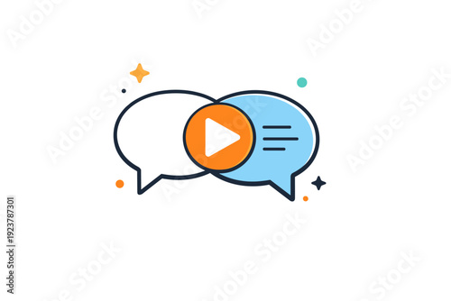 Documentary storytelling icon. A minimal icon combining speech bubbles and a play button, symbolizing narrative and real-life voices. The