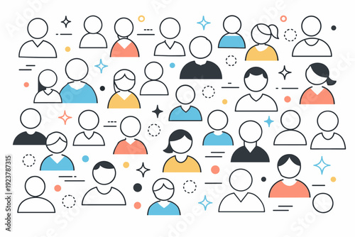 Crowds as abstract patterns. Stylized people reduced to symbols, forming a decorative background pattern. Human presence as design, quiet repetition, modern