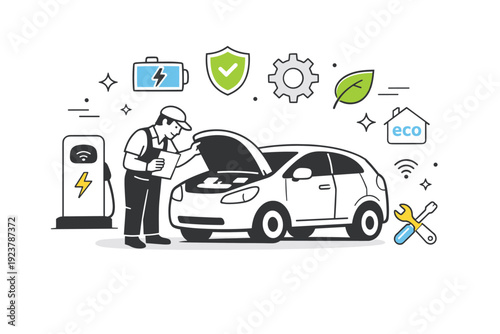 EV maintenance check. A technician inspecting an electric vehicle at a service station, abstract floating line icons and decorative shapes representing