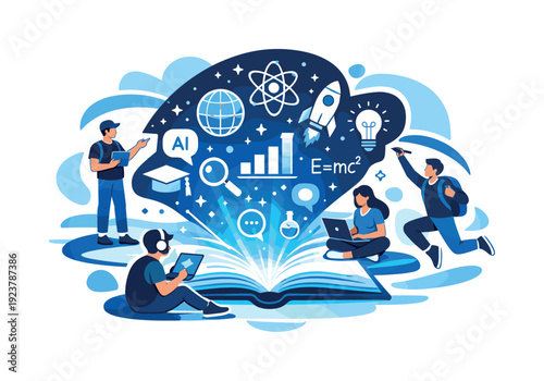 Future of textbooks. Interactive book glowing with smart elements, symbols of knowledge