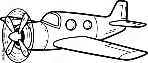 Propeller airplane line drawing showing cockpit window, passenger windows, wings, tail fin, horizontal stabilizers, rotating four-blade propeller sketch