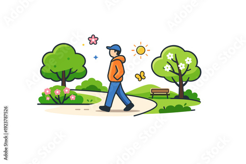 Spring park walk a person strolling along a quiet park path lined with fresh trees and early blossoms, capturing a calm moment of relaxation and seasonal