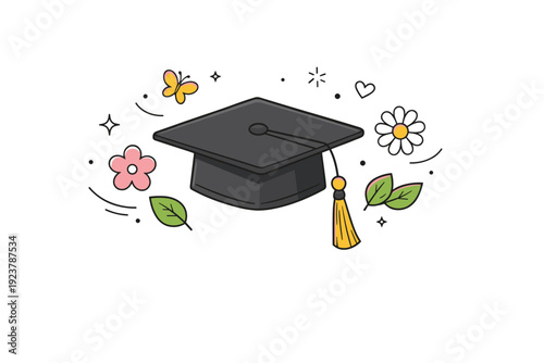 Spring graduation symbols. Graduation cap and tassel gently interacting with floating spring icons like flowers and leaves. Scene conveys