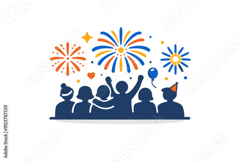 Fireworks displays for New Year?s Eve celebrations visualized above a calm crowd silhouette, communicating togetherness, shared joy, and collective