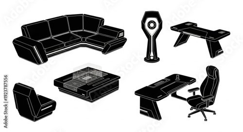 Collection of modern furniture pieces, including a sectional sofa and desk.