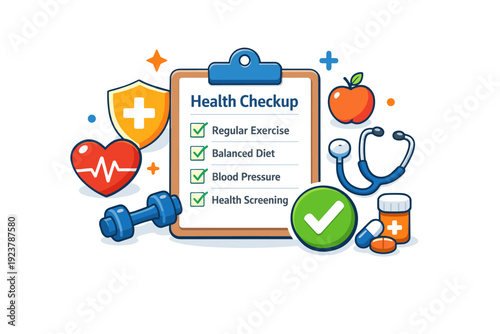 Friendly Health Checklist. Routine health checkup expressed as a friendly checklist with medical symbols and a checkmark, representing organization, awareness