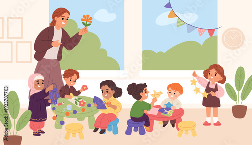 Kids make paper craft with teacher. Children in kindergarten cut out figures from colored paperboard, handmade crafts, happy boys and girls make collages garish vector cartoon flat concept