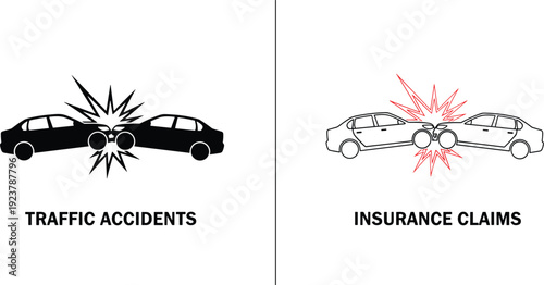 Traffic accidents and insurance claims icons showing car collisions, explosion symbols, black and white graphics, bold text, visual comparison