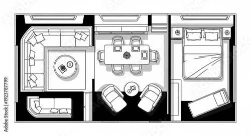 Detailed top-down view of a modern apartment floor plan with furniture arrangement.