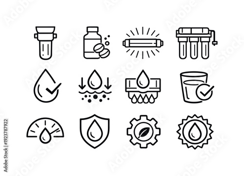Water Purification Solutions. Line outline icon set of Water Purification Solutions: water