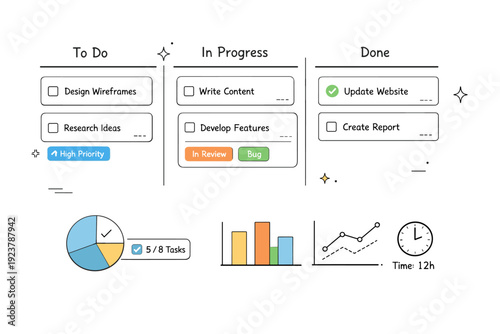 Work tracking board close-up. Cards, tags, and minimal charts seen up close, emphasizing clarity and control over tasks. Modern digital organization with a