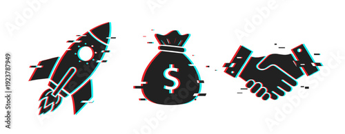 Startup success icons: rocket, money bag, handshake in glitch effect
