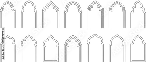Collection of various islamic architectural arches and doorways in simple line style  various designs