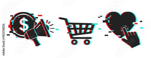 Digital marketing icons: money, megaphone, shopping cart, heart in glitch style