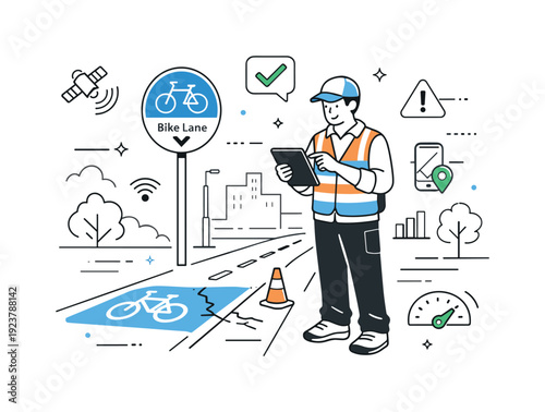 City bike lane inspection. A calm urban scene of a municipal worker checking bike lane signage and pavement condition, holding a digital