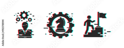 Business strategy concept: leadership, strategy, achievement in glitch style