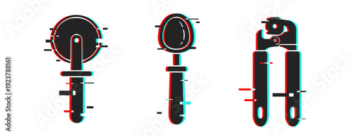 Glitch art of kitchen tools: pizza cutter, spoon, can opener in 3d effect