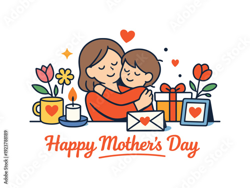 Mother?s Day celebration calm editorial scene with floral elements and warm symbols of care, conveying emotional support and family bond.