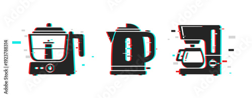 Glitch art of kitchen appliances: blender, kettle and coffee maker in modern design