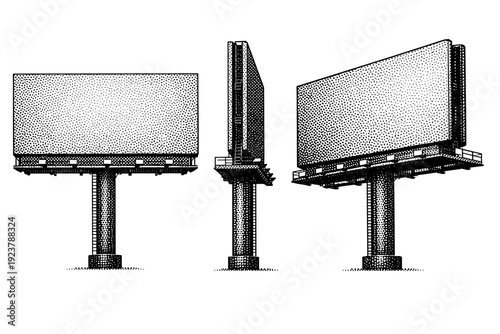 Billboard poster panel object shown in three views including front view, side view, and three-quarter view emphasizing large-scale proportions and flat surface