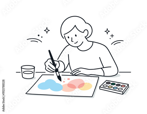 Creative painting moment. An artist holding a brush over paper with abstract watercolor shapes forming gently. Calm editorial illustration