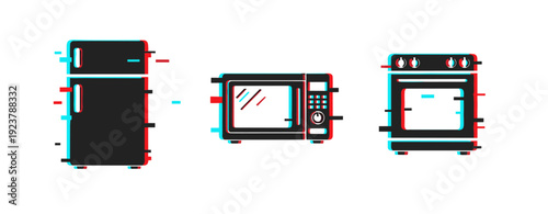 Retro pixel art of kitchen appliances: refrigerator, microwave, and oven