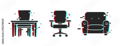Furniture glitch: modern desk, office chair, and armchair with digital distortion