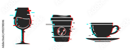 Glitch art style icons of wine glass, coffee cup, and teacup