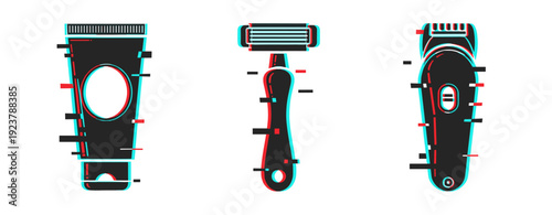Glitch style grooming tools illustration with razor, tube, and trimmer