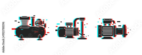 Glitched retro style industrial machines with compressor and motor graphics