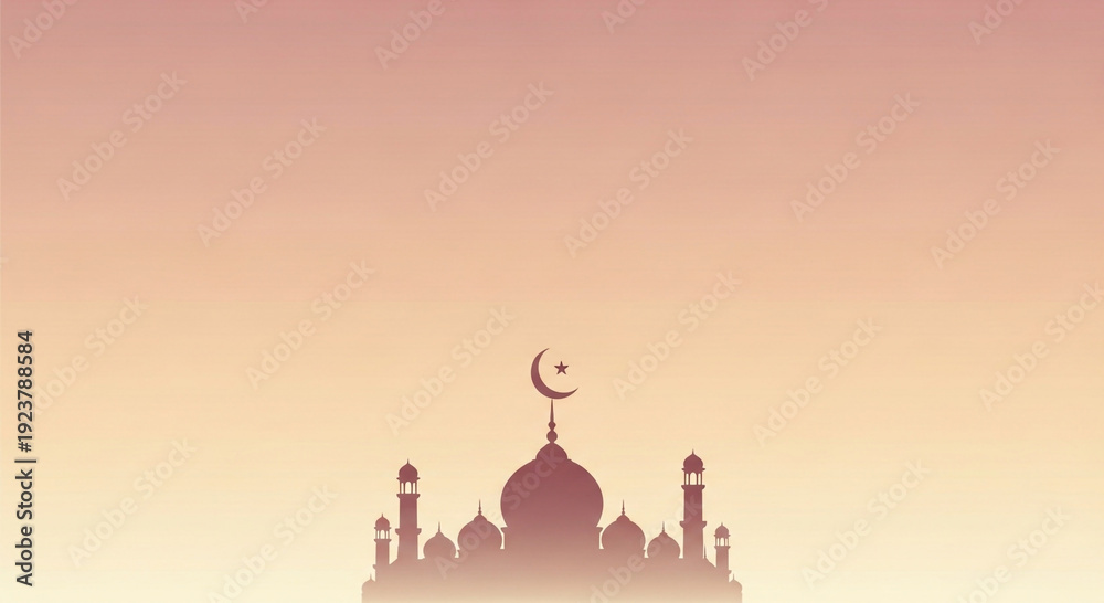 Obraz premium Serene mosque silhouette at sunset with crescent moon and star