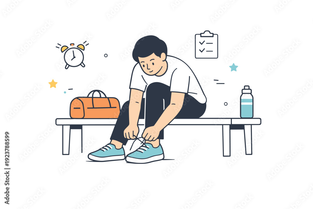 Fototapeta premium Lacing up shoes. A person calmly tying shoelaces while sitting on a simple bench, focused and ready to start the day. The scene conveys