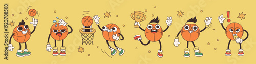 Funny basketball ball characters. Groovy athletic mascot, cartoon retro style, different playful poses, actions and happy emotions, luck symbol, motivation victory, garish vector comic set