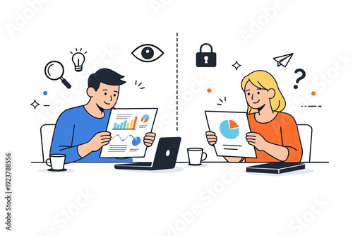 Information asymmetry. Characters at a table reviewing the same report, but one version is detailed while the other is simplified and abstract. The