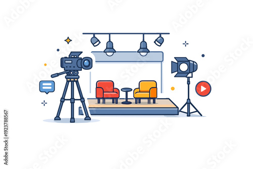 Studio Setup Scene. Television studio setup professional broadcast space with camera on tripod facing a simple stage and lights, conveying readiness, focus and